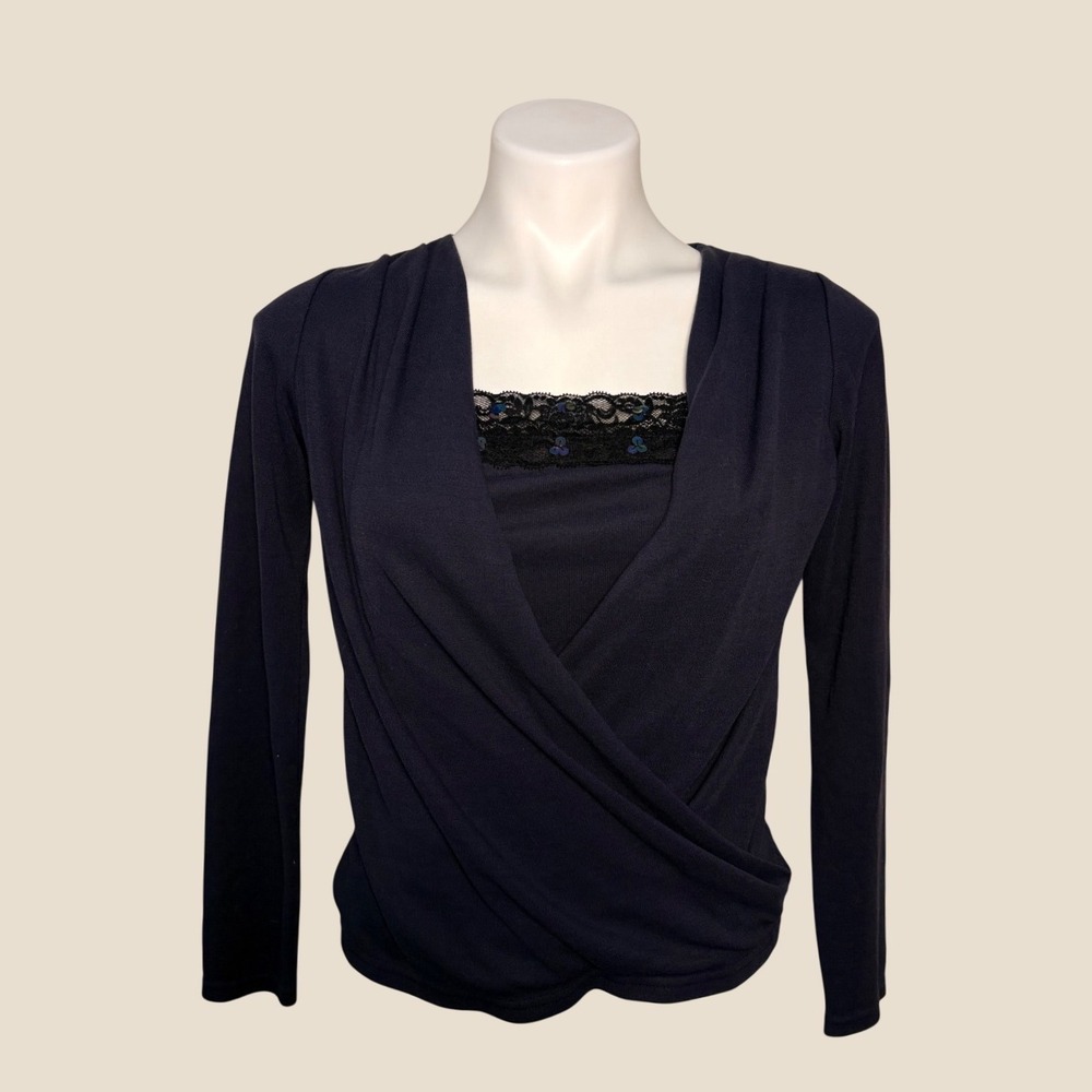 Y2K INGNI Navy Faux Wrap Long Sleeve Top Lace Sequin Detail Ribbed Knit #14